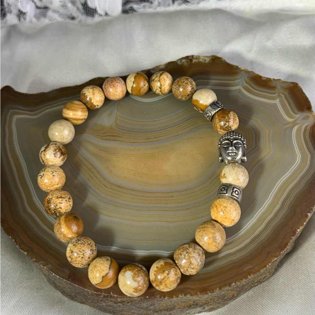 Picture Jasper Stretch Bracelet With Silver Buddha Charm 13$